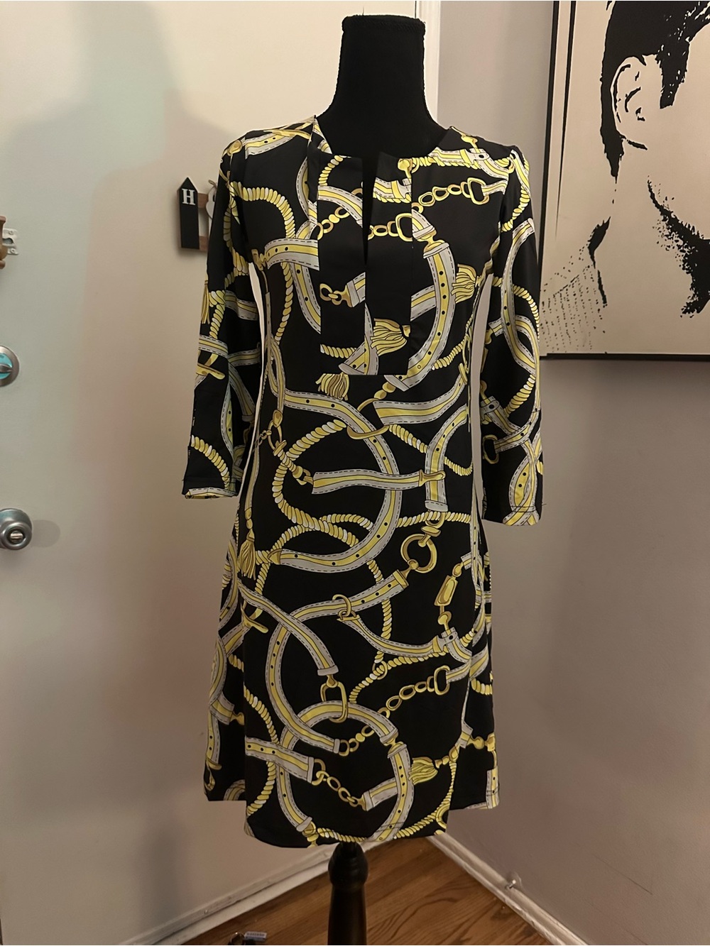 Vintage Chain Print Mini Dress Black Gold Hermès Style Shift Dress